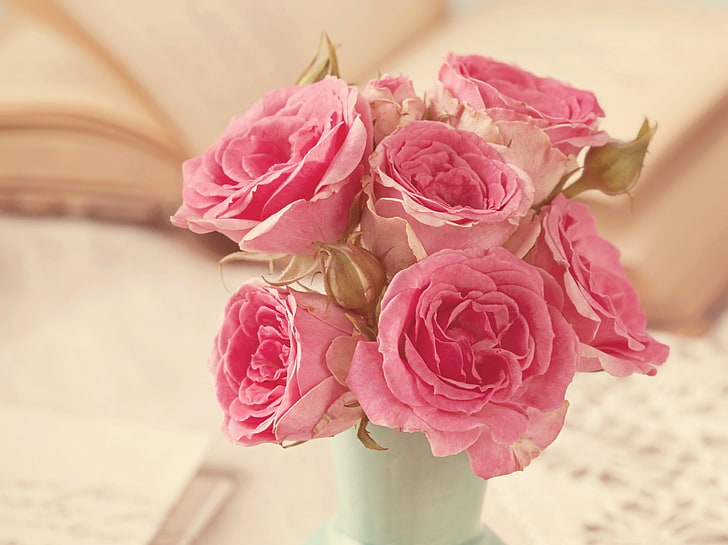 Pink roses, bouquet, rose, flower, vase, soft, white, pink, trandafir, HD wallpaper