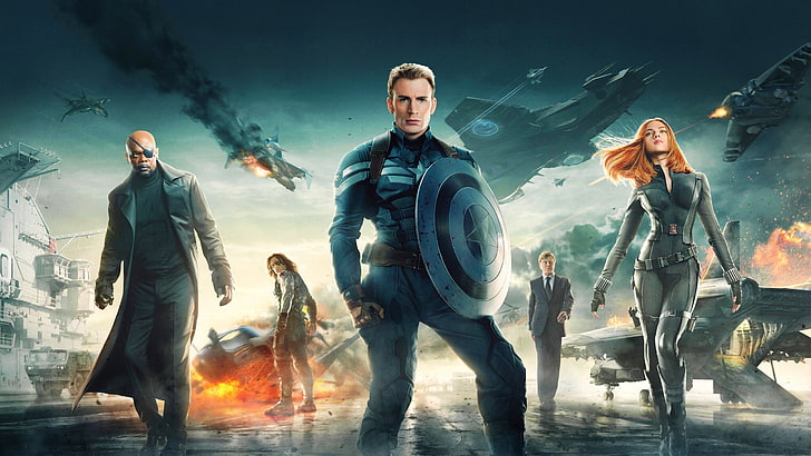 Captain Americaの壁紙、Captain America：The Winter Soldier、Chris Evans、Scarlett Johansson、Samuel L.Jackson、Nick Fury、Black Widow、Bucky Barnes、Steve Rogers、 HDデスクトップの壁紙