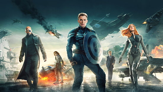 Captain Americaの壁紙、Captain America：The Winter Soldier、Chris Evans、Scarlett Johansson、Samuel L.Jackson、Nick Fury、Black Widow、Bucky Barnes、Steve Rogers、 HDデスクトップの壁紙 HD wallpaper