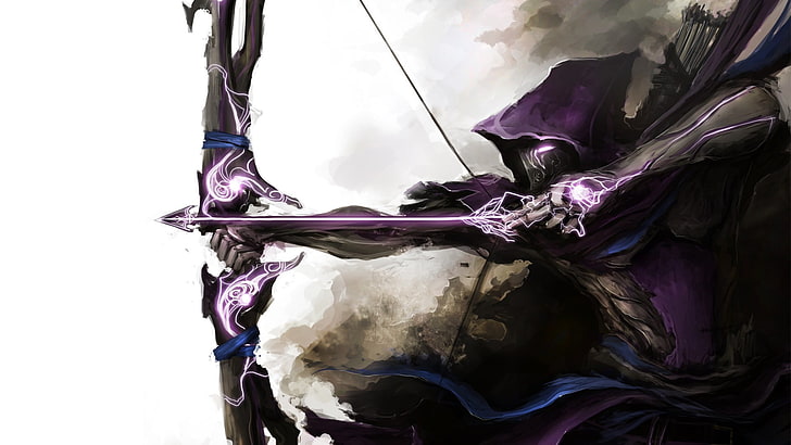 persona con capa púrpura con fondo de pantalla de flecha, arco, flecha, ojo de halcón, arte de fantasía, arquero, Fondo de pantalla HD
