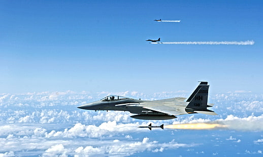 F 15 Füze Fırlatma, dört gri jet uçağı, Uçak / Uçak, uçak, HD masaüstü duvar kağıdı HD wallpaper