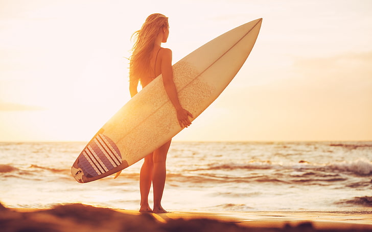 Girl Surfboard At Sunset Beach, white and blue surfboard, Sports, Surfing, beach, sunset, surfer, HD wallpaper