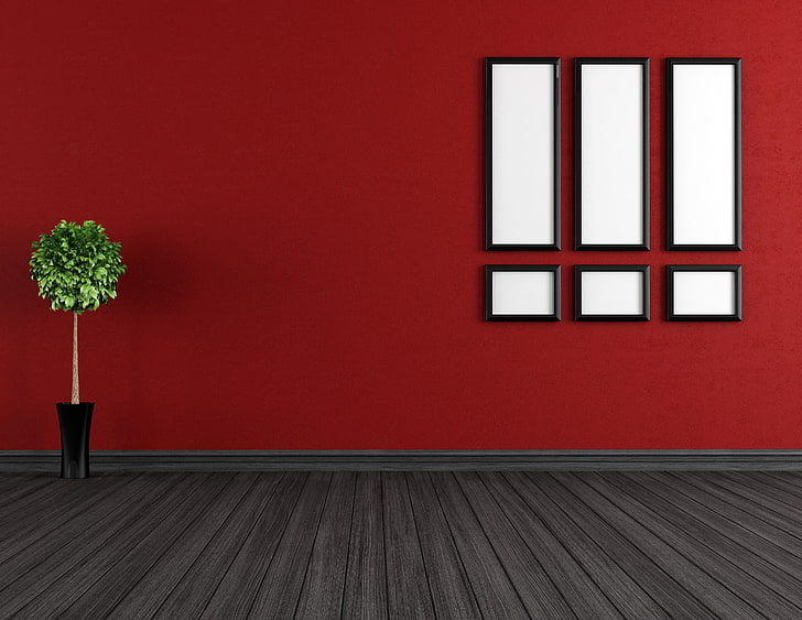 rojo, pared, suelo, cajas blancas con marco negro, Fondo de pantalla HD
