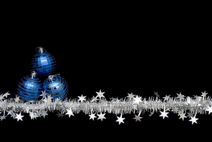 three blue bauble decor, holiday, black, balls, new year, Christmas, stars, tinsel, HD wallpaper
