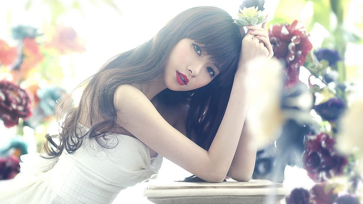 Asian girl, long hair, eyes, red lips, flower, women's white sweet heart dress, Asian, Girl, Long, Hair, Eyes, Red, Lips, Flower, HD wallpaper