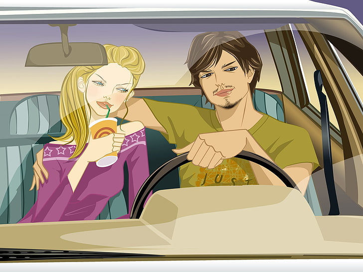 ilustracja mężczyzna i kobieta, dziewczyna, chłopak, para, samochód, randka, Tapety HD
