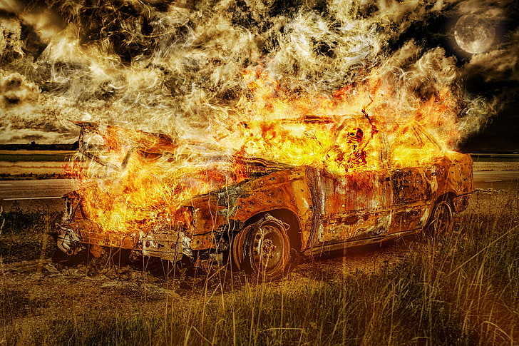 fire, car, horror, skeleton, digital art, HD wallpaper