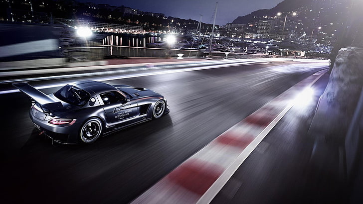 voiture grise sur papier peint numérique de piste, Mercedes-Benz, SLS AMG, Mercedes-Benz, véhicule, pistes de course, voiture, lumières, nuit, Fond d'écran HD