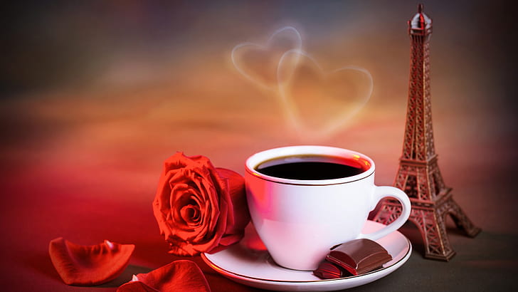 caffè, rosa, fiori, rosso, petali, Torre Eiffel, caffè, rosa, fiori, rosso, petali, Torre Eiffel, Sfondo HD