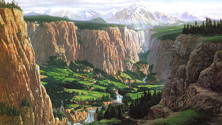 grüne Wiese umgeben braune Felsformation Tapete, J. R. R. Tolkien, der Herr der Ringe, Bruchtal, Fantasiekunst, Kunstwerk, HD-Hintergrundbild