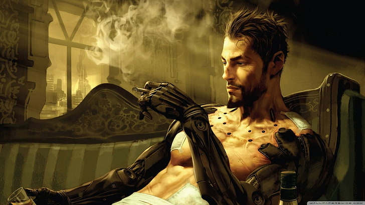 człowiek z metalowymi dłońmi oparty na sofie paląc tapetę cyfrową, futurystyczny, Deus Ex: Human Revolution, Deus Ex, cyberpunk, Adam Jensen, gry wideo, science fiction, mężczyźni, alkohol, bionika, Tapety HD