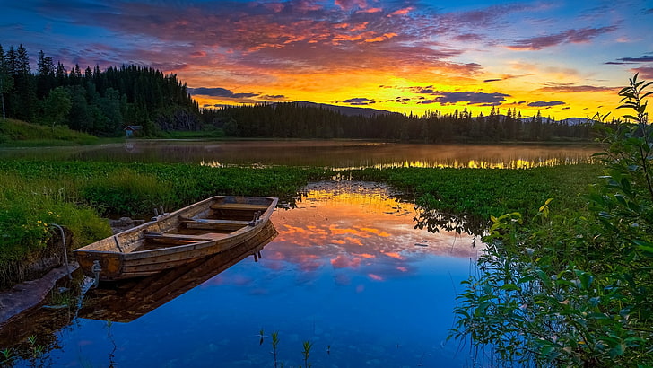 reflexión, naturaleza, desierto, humedal, cielo, agua, belleza, barco, banco, lago, amanecer, mañana, amanecer, europa, noruega, Fondo de pantalla HD