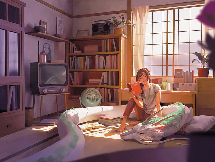 smok, książki, wachlarz, telewizor, okno, dziewczyna, na łóżku, przedmioty, w pokoju, czytanie, Hayao Miyazaki, szafki, Haku, Spirited Away, rośliny, Chihiro, Tapety HD