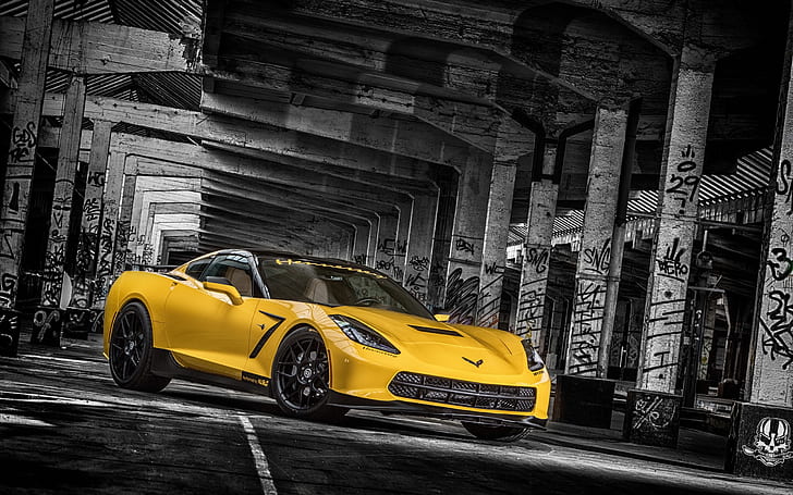 yellow, background, tuning, Corvette, Chevrolet, columns, the front, Stingray, HPE700, Ruffer Performance, HD wallpaper