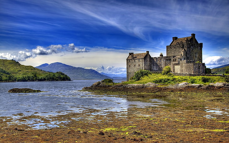brown castle, castle, water, Scotland, Eilean Donan, landscape, UK, mountains, clouds, HD wallpaper