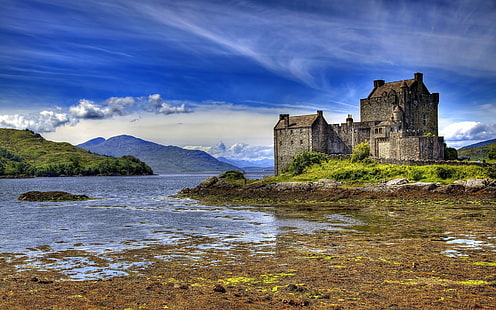 brown castle, castle, water, Scotland, Eilean Donan, landscape, UK, mountains, clouds, HD wallpaper HD wallpaper