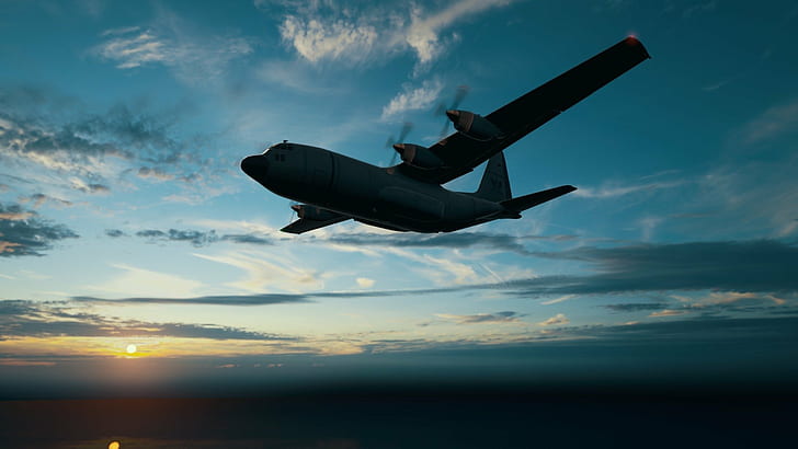 PUBG, Lockheed C-130 Hercules, военен самолет, самолет, тъмно, синьо, небе, превозно средство, видео игри, слънце, HD тапет