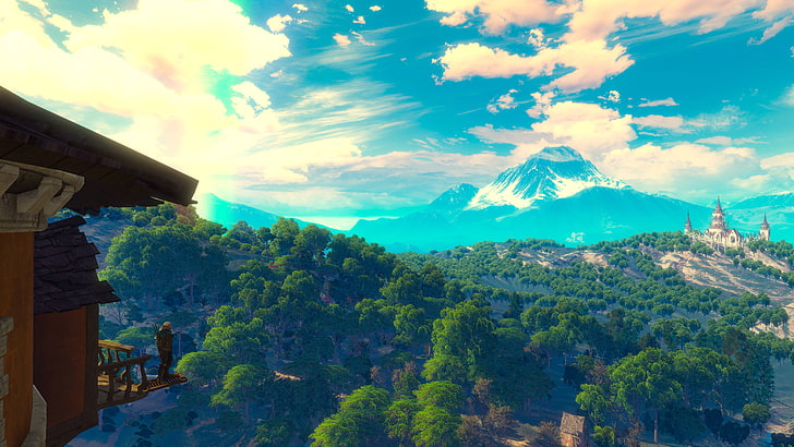 гора с лесными цифровыми обоями, скриншот, Ведьмак 3: Дикая Охота, пейзаж, HD обои