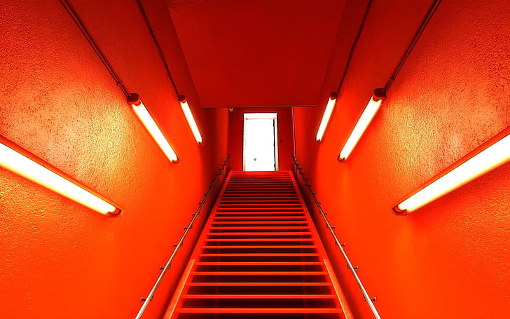 stairway, exit, orange, Mirror's Edge, HD wallpaper