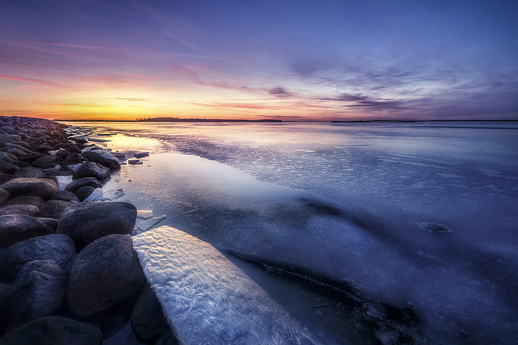 seat waves photo during golden hour sunset, denmark, denmark, Denmark, seat, waves, photo, golden hour, Blue Hour, Caught, pixels, Clouds, Cold, Colorful, Frozen sea, HDR, High Dynamic Range, Ice, Jacob, Landscape, Rocks, Roskilde, Stones, Sunset, Havn, Water, Winter, nature, sea, dusk, rock - Object, outdoors, scenics, beach, sky, reflection, coastline, blue, beauty In Nature, HD wallpaper