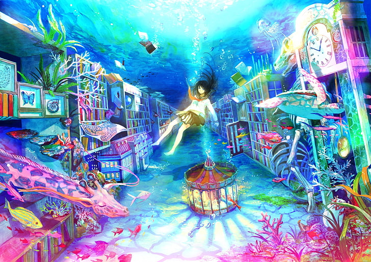 anime illustration, Fuji Choko, originalkaraktärer, under vattnet, böcker, giraffer, sköldpadda, fisk, karusell, svart hår, blå ögon, kjol, HD tapet