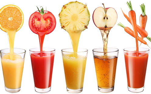 five clear glass shot glasses, fruit, juice, freshly squeezed, HD wallpaper HD wallpaper