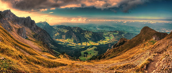 кафява долина, залез, долина, панорами, Швейцария, природа, планини, облаци, пейзаж, гора, небе, трева, HD тапет