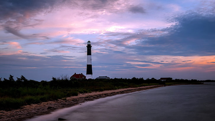 white and black lighthouse, nature, coast, lighthouse, sea, sky, HD wallpaper