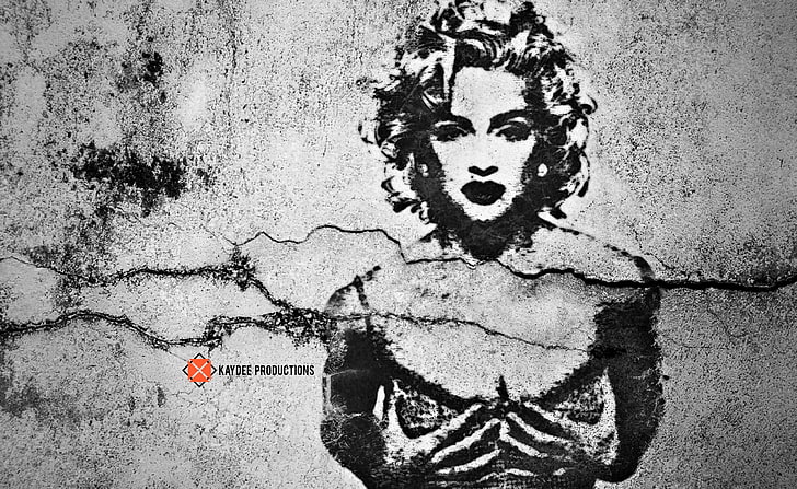 Madonna Urban Wall, Malerei von Marilyn Monroe, Künstlerisch, Graffiti, Berühmtheit, Grunge, Grunge, Abstrakt, Zeichnung, Schwarz, Weiß, HD-Hintergrundbild
