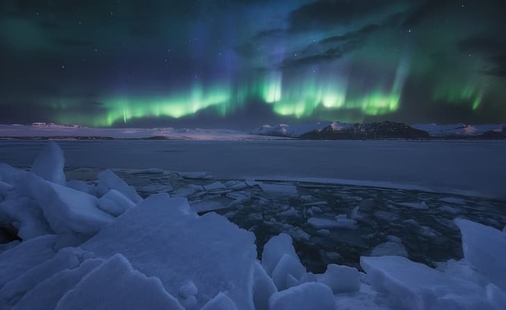 zima, niebo, śnieg, noc, lód, zorza polarna, Norwegia, fiord, Tapety HD