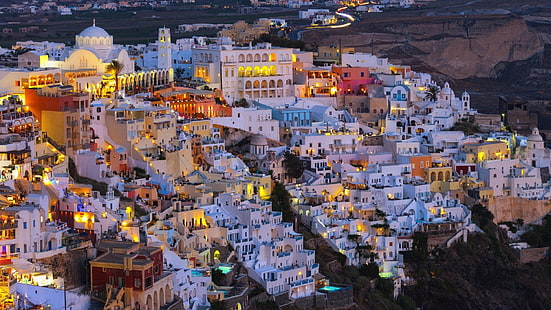 białe miasto, miasto, pejzaż miejski, Santorini, Grecja, światła, budynek, Tapety HD HD wallpaper