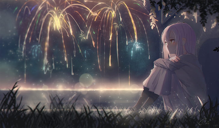 Anime Girls, Anime, sitzen, Feuerwerk, HD-Hintergrundbild