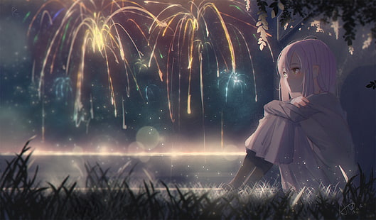 anime girls, anime, sitting, fireworks, HD wallpaper HD wallpaper
