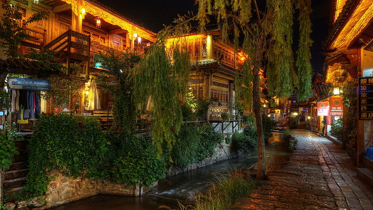 old town, night, lighting, street view, tree, evening, street, lijiang, alley, china, asia, HD wallpaper