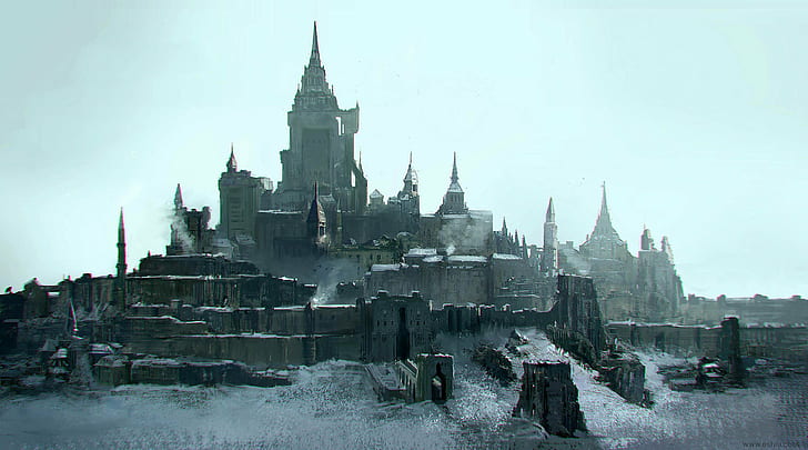 замък, сняг, архитектура, фентъзи изкуство, град, фентъзи град, HD тапет