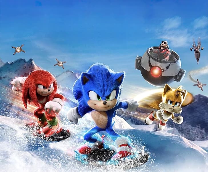 Sonic, poster film, Sonic 2 The Movie, Paramount, karakter film, Tangkapan layar Film, rubah, landak, Tails (karakter), Knuckles, Sonic the Hedgehog, Sonic The Movie, Wallpaper HD