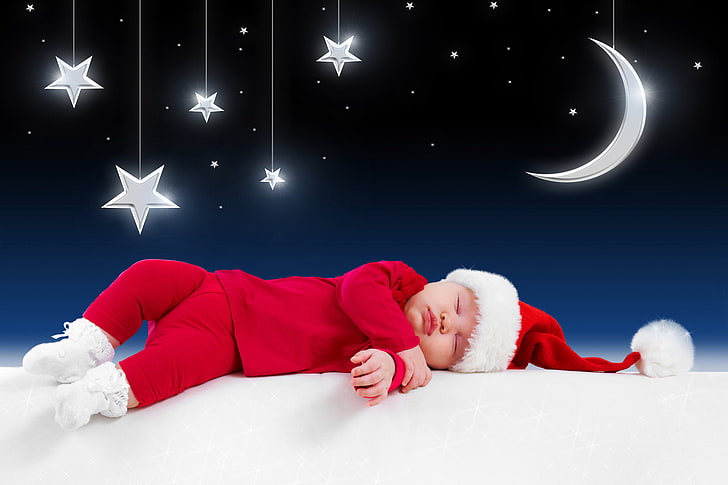 baby's Santa Claus costume, stars, children, the moon, clothing, baby, New year, moon, costumes, kid, clothes, merry Christmas, fairy-tale night, funny sleeping baby, Costume, little Santa Claus, fabulous night, HD wallpaper