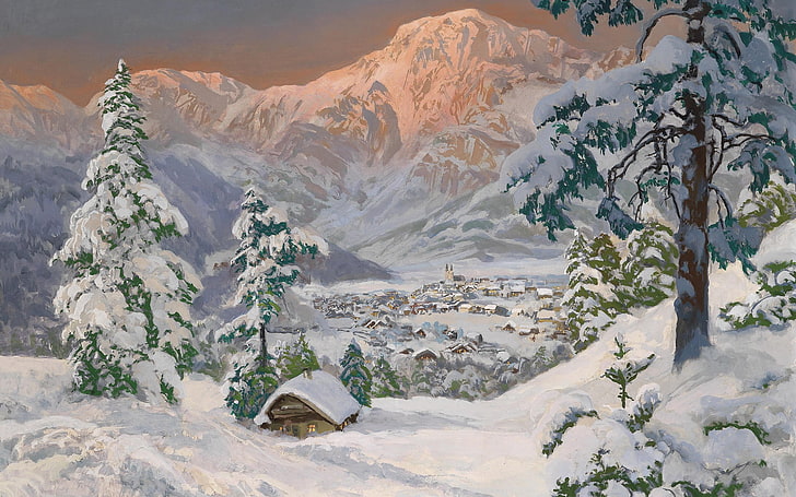 grünblättrige Bäume mit Schnee, Schnee, Kunstwerk, Schweiz, Dorf, Bäume, Berge, Malerei, HD-Hintergrundbild