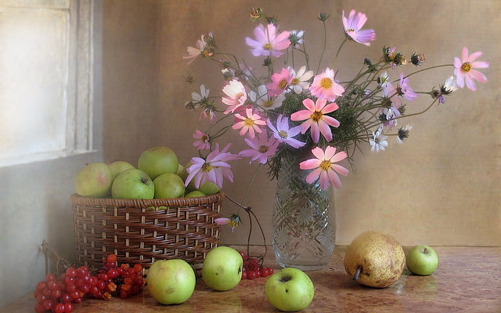 several green granny smith apple, autumn, flowers, berries, apples, bouquet, fruit, still life, composition, Kalina, kosmeya, November, HD wallpaper