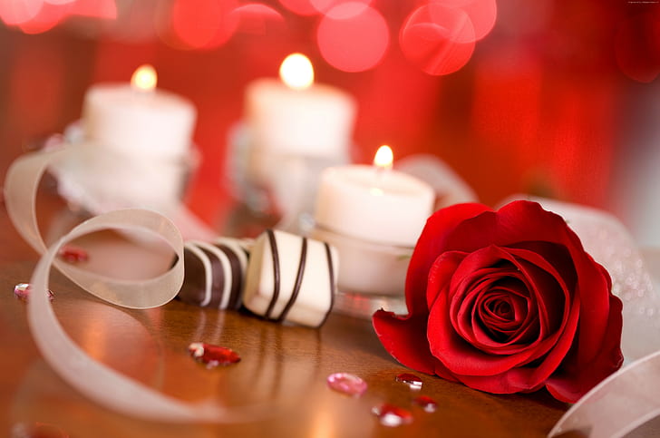 romantic, ribbon, rose, love, Valentines Day, candle, HD wallpaper