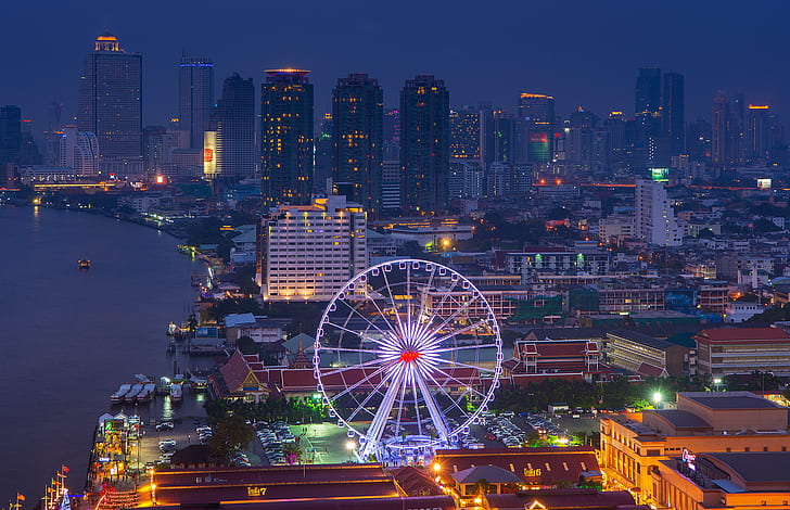 lights, river, view, building, home, skyscrapers, lighting, backlight, panorama, Ferris wheel, Thailand, Bangkok, night city, megapolis, capital, HD wallpaper