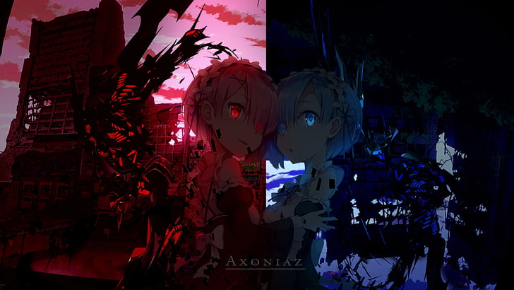 Axoniaz art, Anime, Re:ZERO -Starting Life in Another World-, Girl, Glow, Ram (Re:ZERO), Re:Zero, Rem (Re:ZERO), HD wallpaper
