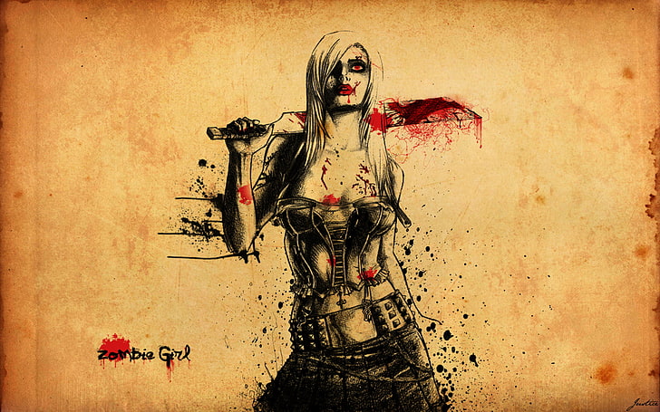 woman holding sword illustration, girl, blood, zombie, cleaver, HD wallpaper