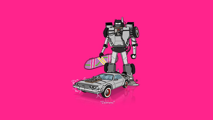серая иллюстрация Трансформеры, автомобиль, Трансформеры, минимализм, DeLorean, Назад в будущее, розовый, ховерборд, кроссовер, HD обои