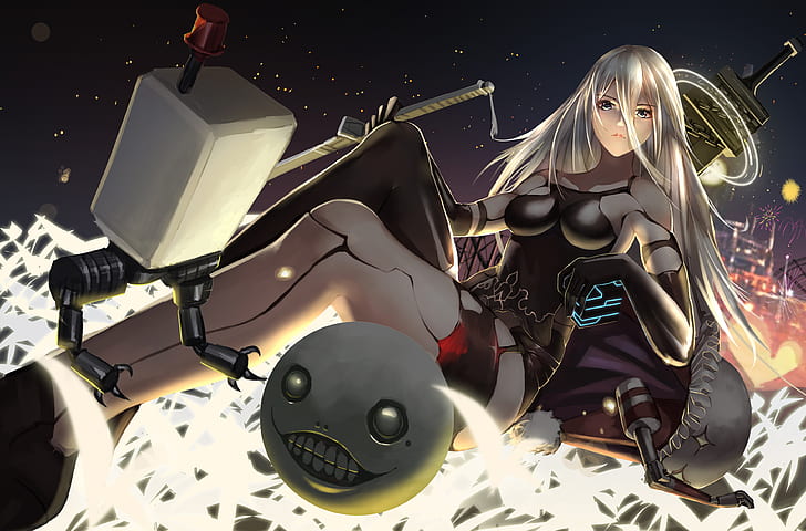 sky, androids, elbow gloves, long hair, carousel, sitting, white flowers, building, fireworks, katana, gloves, black gloves, shoes, sword, shorts, Nier: Automata, eyebrows, camisole, drone, A2 (Nier: Automata), weapon, tank top, HD wallpaper