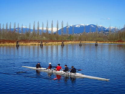 five person on boat floating on rippling body of water over looking mountain and trees, Happy Easter, explored, five, person, boat, body of water, mountain, trees, rowing, snow, spring, reflections, blue, white, red  black, black  sky, water, IMG, Burnaby Lake, Canada, Rowing Club, explore, sport, oar, lake, sport Rowing, outdoors, canoeing, people, men, kayak, nature, HD wallpaper HD wallpaper