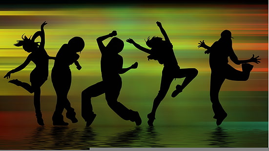 silhouette of five women dancing wallpaper, music, movement, people, dance, shadows, dancing, silhouettes, figure, fun, HD wallpaper HD wallpaper