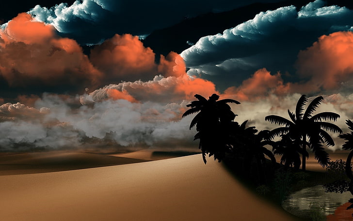 sky, clouds, desert, palm trees, oasis, digital art, HD wallpaper