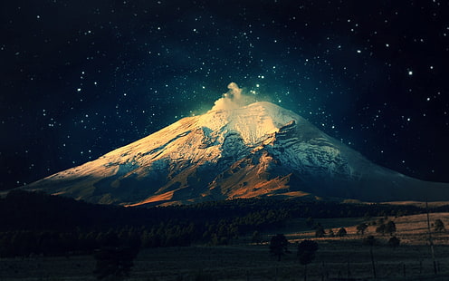 snow covered mountain wallpaper, mountain covered with snow painting, landscape, night, mountains, trees, space, winter, Villarrica, sky, stars, volcano, HD wallpaper HD wallpaper