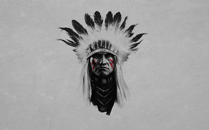 Native Americans, headdress, selective coloring, simple background, feathers, artwork, face, men, minimalism, HD wallpaper